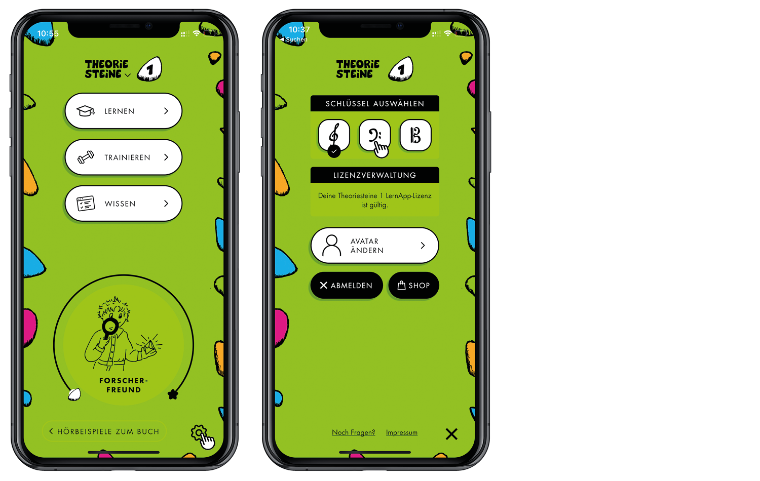 Screenshot der App-Einstellungen mit der Auswahl zwischen Bass- und Altschlüssel